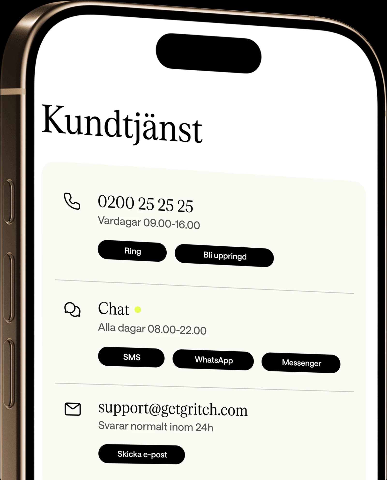 Gritch kundtjänst i appen