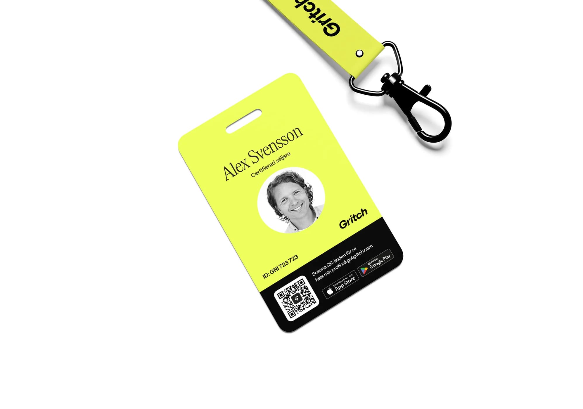 Gritch ID-bricka i gult lanyard